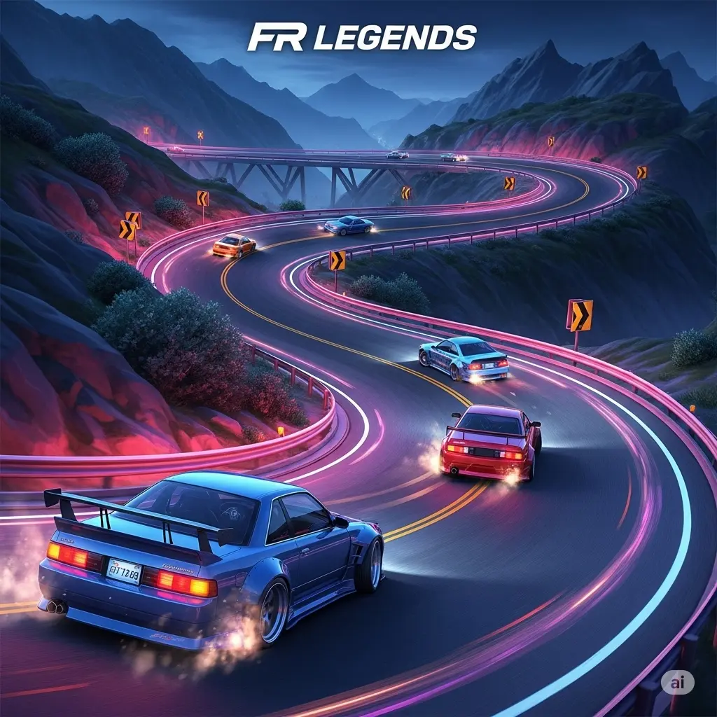 Top Drift Tracks in FR Legends MOD APK(2025 Guide)- Best Maps For Real Players 1 multiple cars racing on a mountain with neon lights in fr legends mod apk