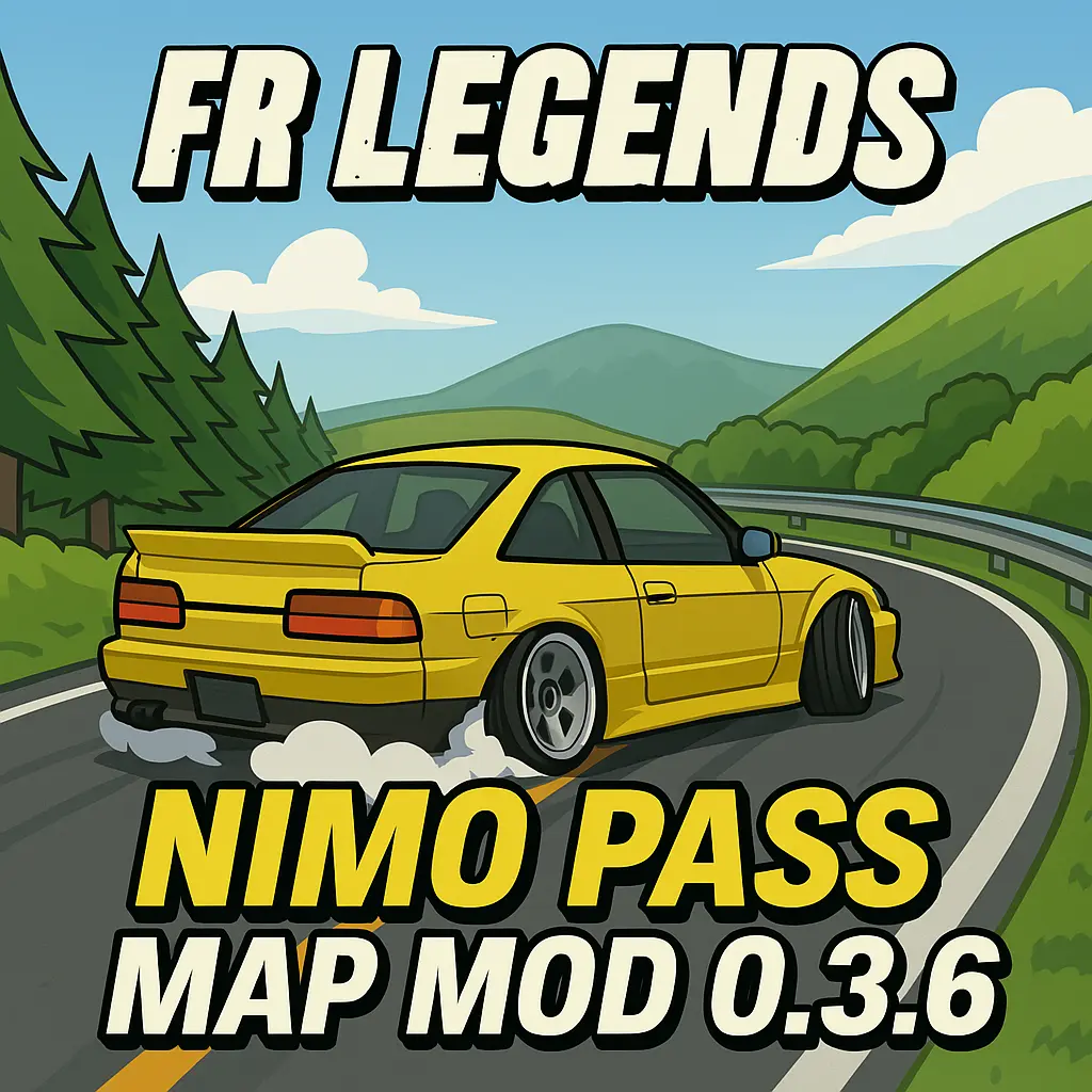 Download Nimo Pass Map MOD 0.3.6 for FR Legends- Master New Tracks and Unleash Your Story 1 Stylized racing scene from FR Legends featuring a modified drift car on the Nimo Pass track, surrounded by dramatic mountain curves, vibrant lighting effects, and smoky tire trails emphasizing speed and motion.